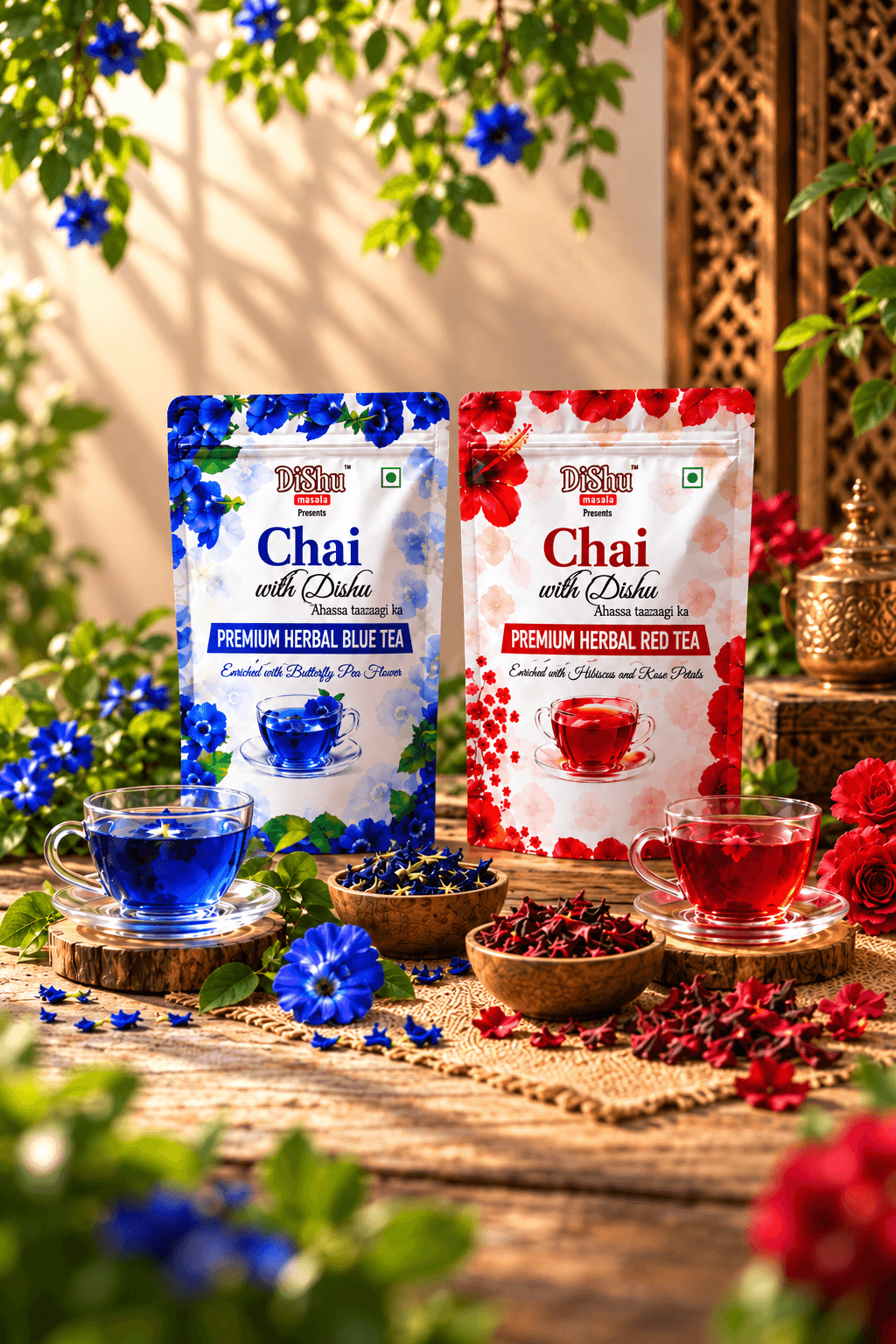 Dishu Masala Premium Herbal Blue Tea and Red Tea packs side by side