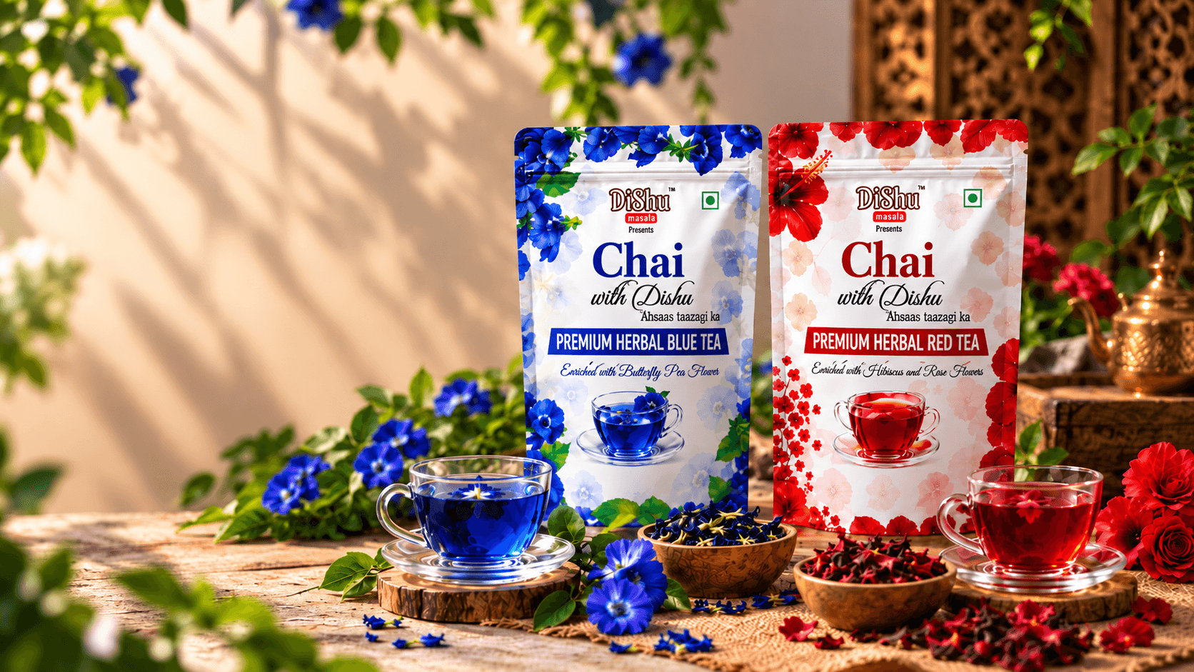 Dishu Masala Premium Herbal Blue Tea and Red Tea packs side by side