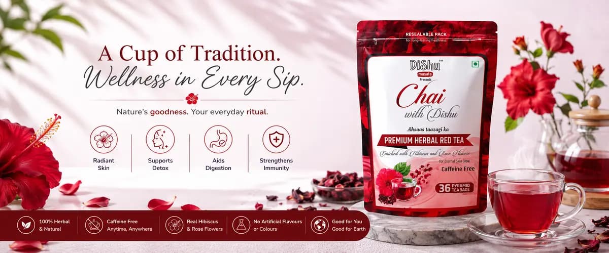 A Cup of Tradition, Wellness in Every Sip — Dishu Premium Herbal Red Tea, 100% herbal, caffeine-free, real hibiscus and rose flowers
