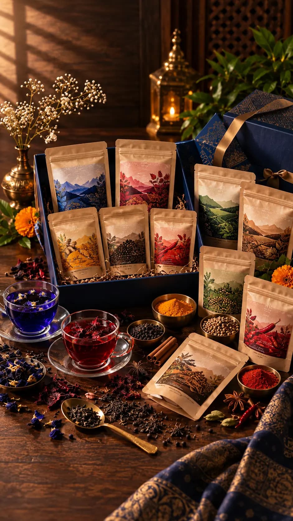 Dishu Masala corporate gifting hamper, mobile crop — Chai with Dishu Premium Herbal Blue Tea and Red Tea, spice pouches, brewed blue and red tea in glass cups, gift box with gold ribbon