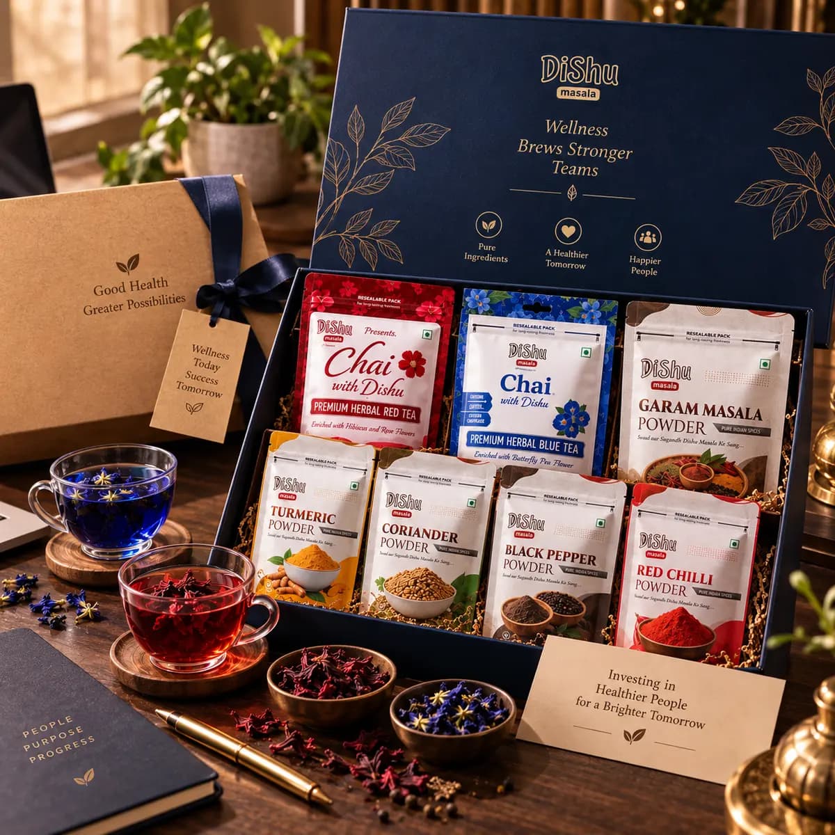 Corporate Wellness Set — Dishu Masala gift box for teams, with Blue Tea and Red Tea and a set of masala powders