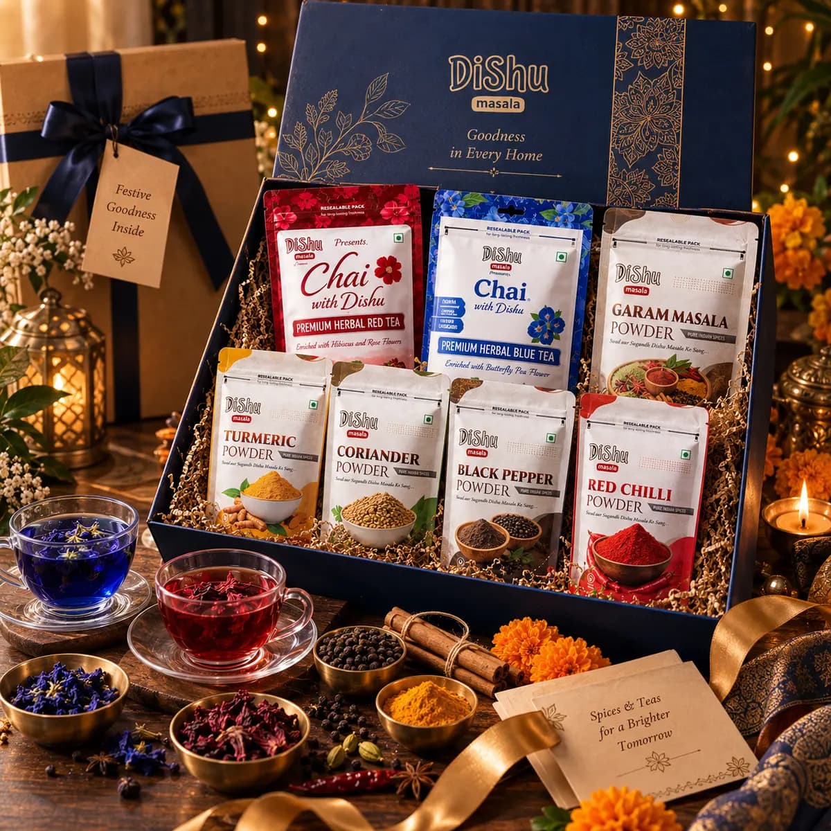 Festive Tea + Masala Hamper — Dishu Masala gift box with Chai with Dishu Blue Tea and Red Tea plus Turmeric, Coriander, Black Pepper, Red Chilli and Garam Masala powders