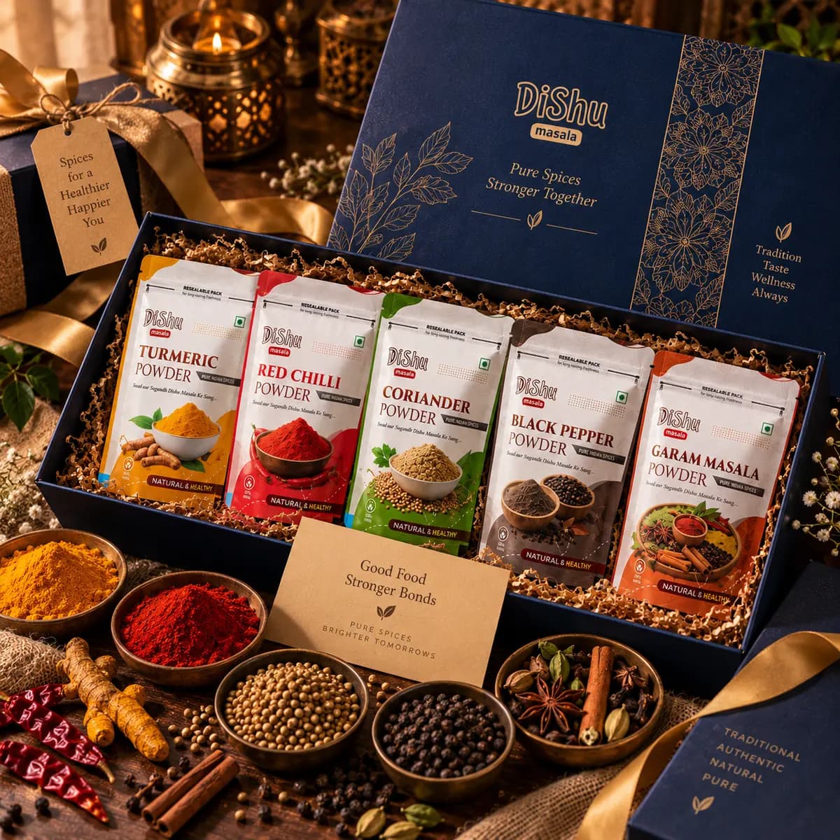 Premium Spice Gift Box — Dishu Masala gift box with Turmeric, Red Chilli, Coriander, Black Pepper and Garam Masala powders